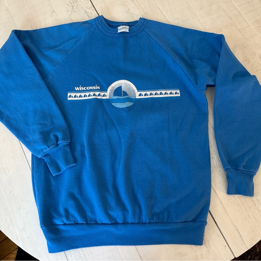 Vtg 90’s Wisconsin Pullover Crewneck Blue Long Sleeve Sweatshirt Size Medium